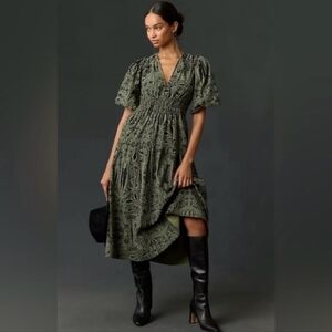 Anthropology Pilcro Green & Black Corduroy Ruched Printed Midi Dress XSP